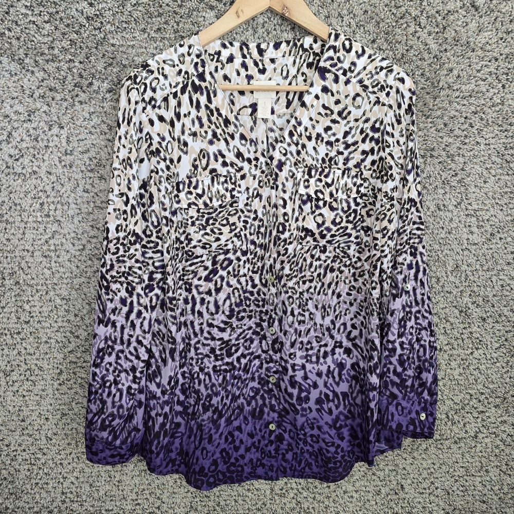Chicos Top Womens 1 US Medium Purple Ombre Animal Print Button Up Blouse Ladies